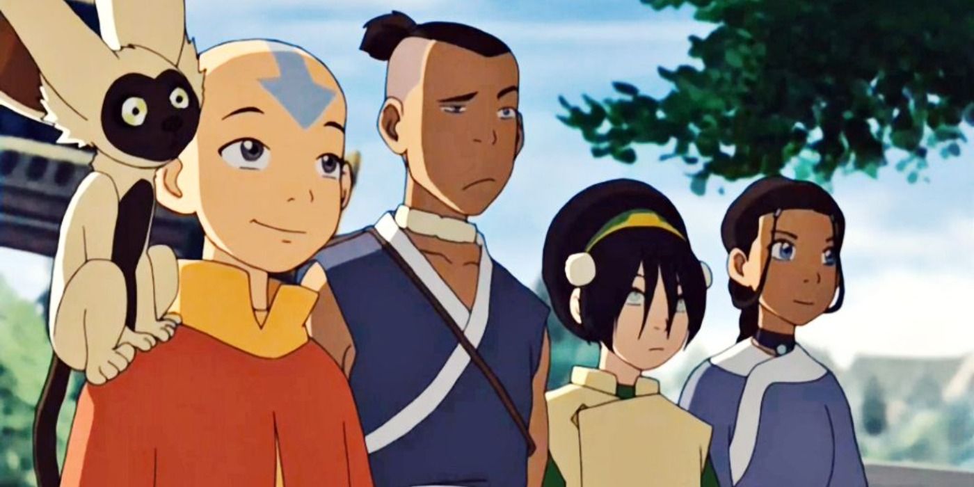 Toph with team Avatar (Aang, Sokka, Katara) in Avatar: The Last Airbender.