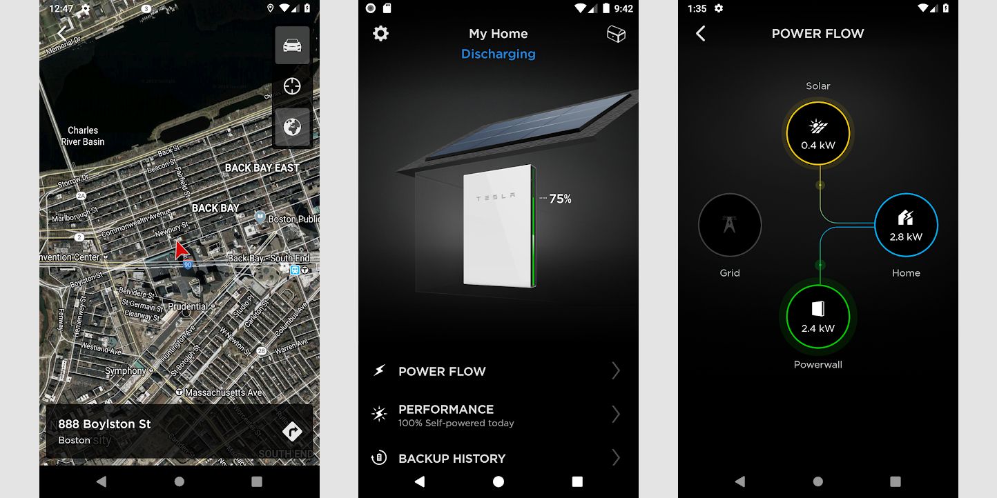 Tesla app screenshots for vehicles and homes