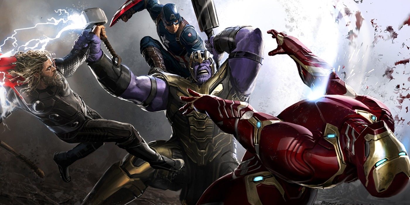 The Art Of Avengers Endgame, The Avengers Fighting Thanos - Captain America, Iron Man and Thor
