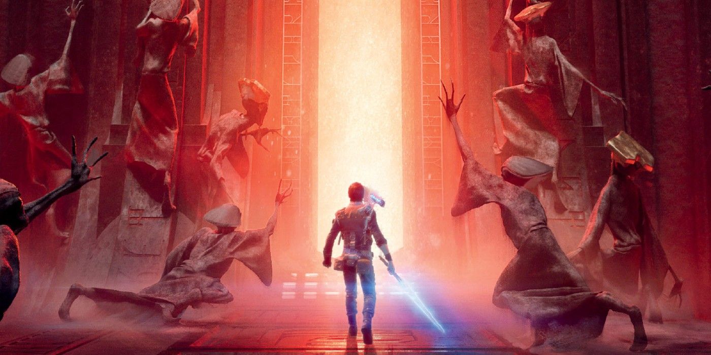 The Art Of Jedi Fallen Order - Cal Kestis walking through a Sith Temple with his lightsaber