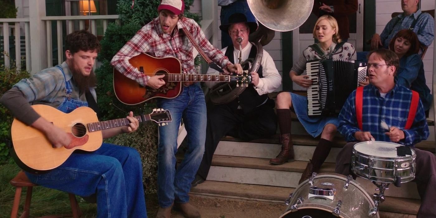 Dwight Schrute and his family playing music together on a porch in &quot;The Farm.&quot;