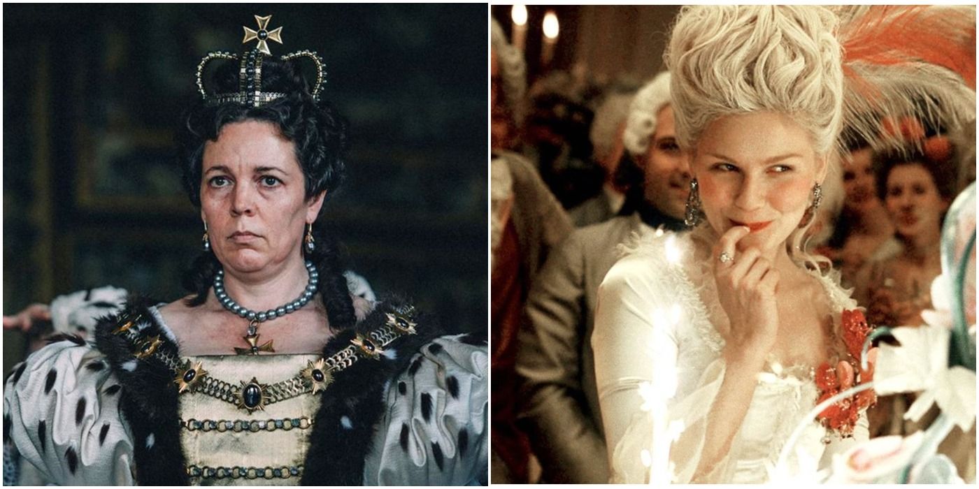 Queen Anne in full crown regalia, looking dour/Marie Antoinette looking coquettish at a party