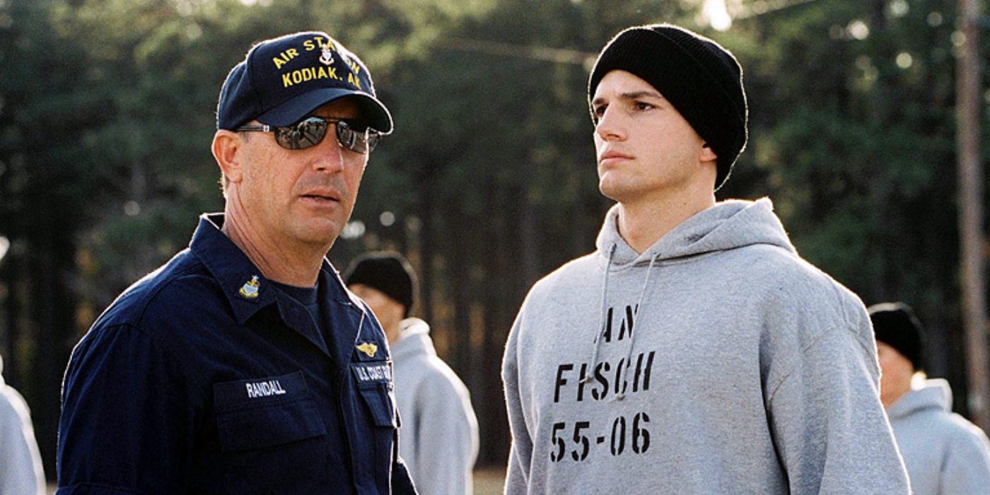 Ashton Kutcher standing at attention in front of Kevin Costner in The Guardian.