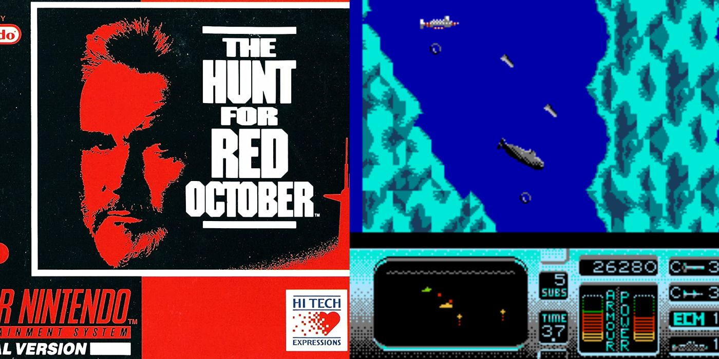 The Hunt For Red October NES game cover and a still from the game's Amiga gameplay. 