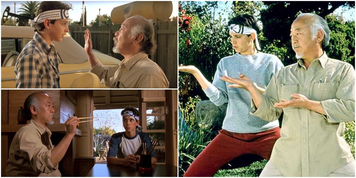 Collage of Daniel and Mr. Miyagi training in The Karate Kid - 3 scenes