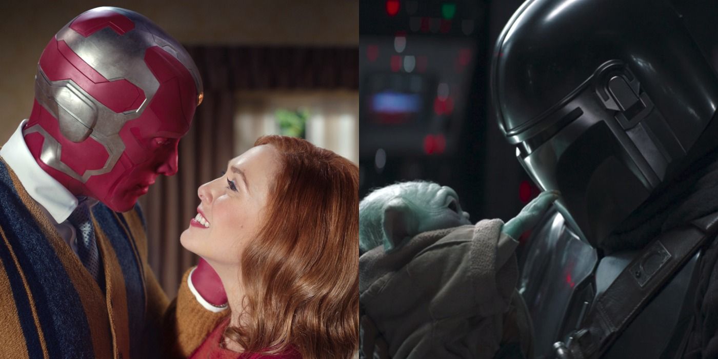 A split image of Wanda and Vision as they look at each other happily in WandaVision and Grogu touching Mando's helmet in the season 2 finale of The Mandalorian