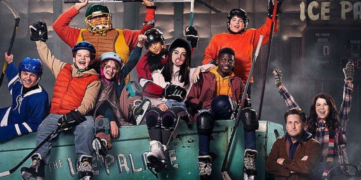 The brand new cast of The Mighty Ducks: Game Changers posing on the zamboni