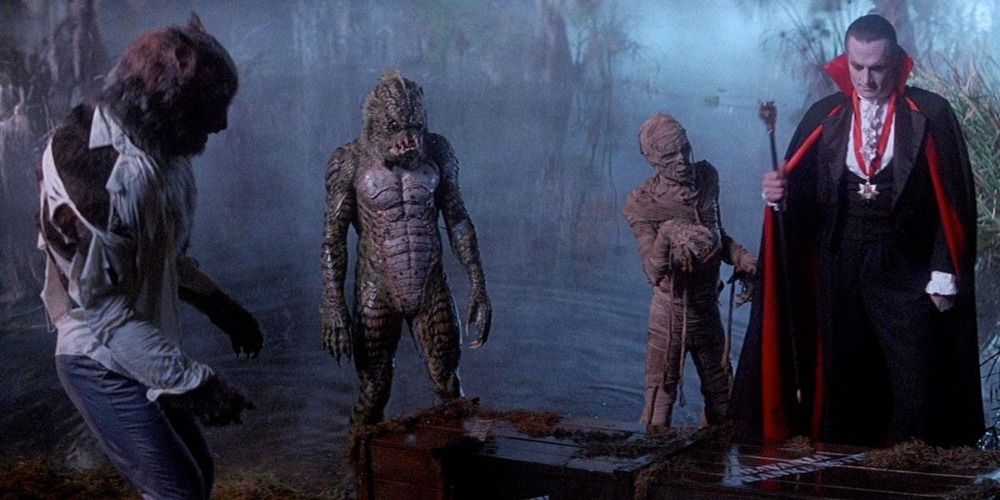 Count Dracula, Frank's Monster, and other monsters looking at something in the woods in Monster Squad