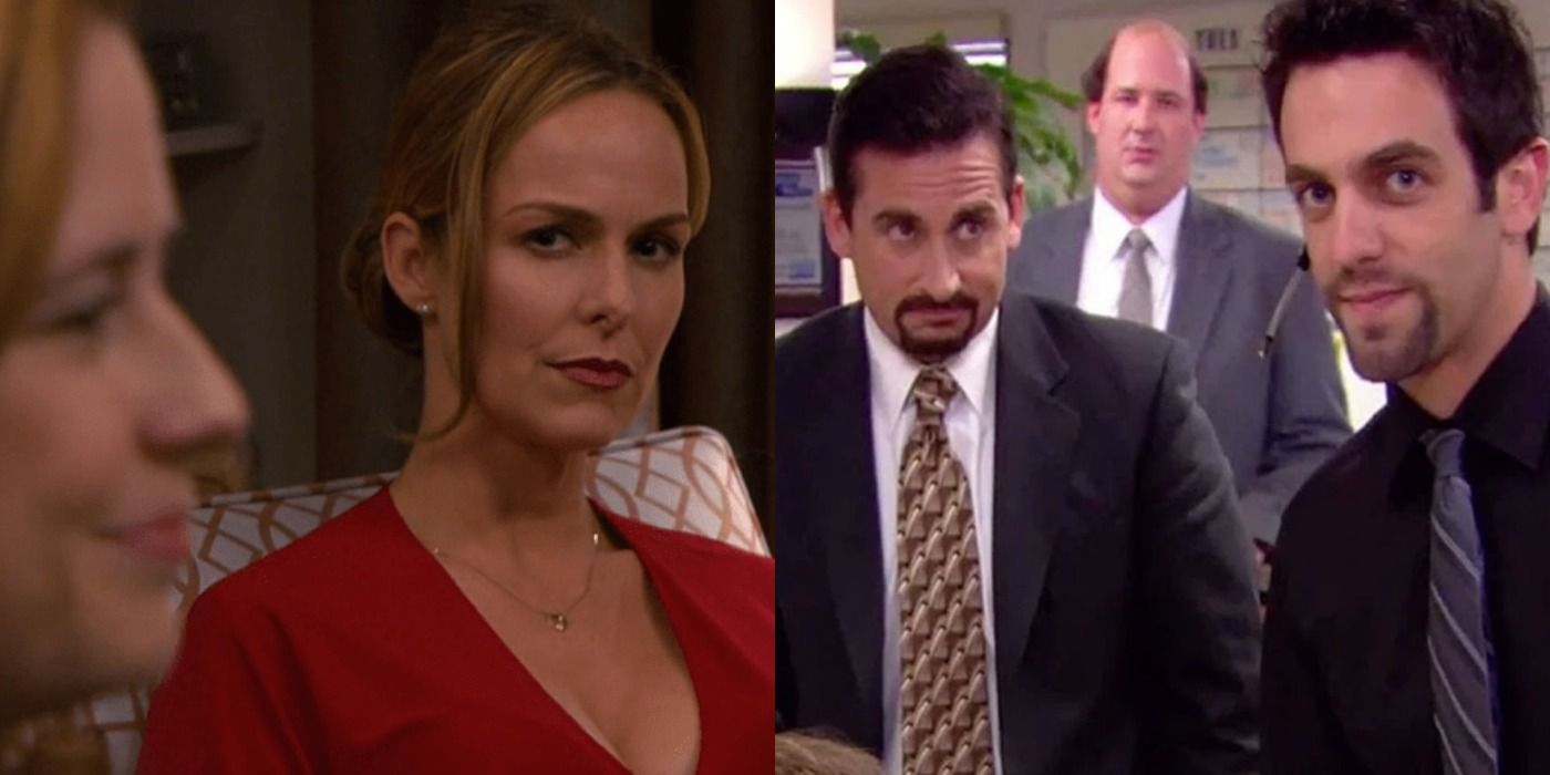 Jan staring at Pam with envy/Michael and Ryan standing next to each other, each with a goatee