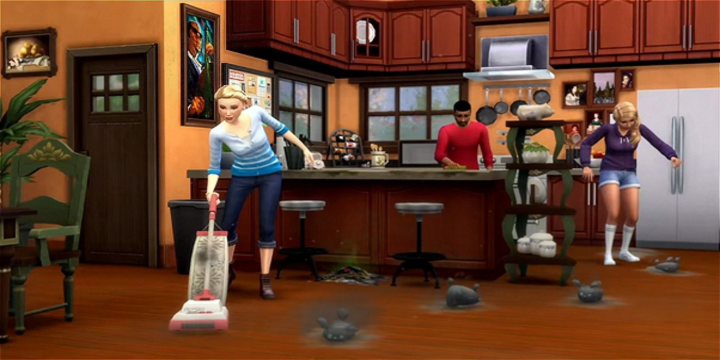 A sim vacuuming in The Sims 4