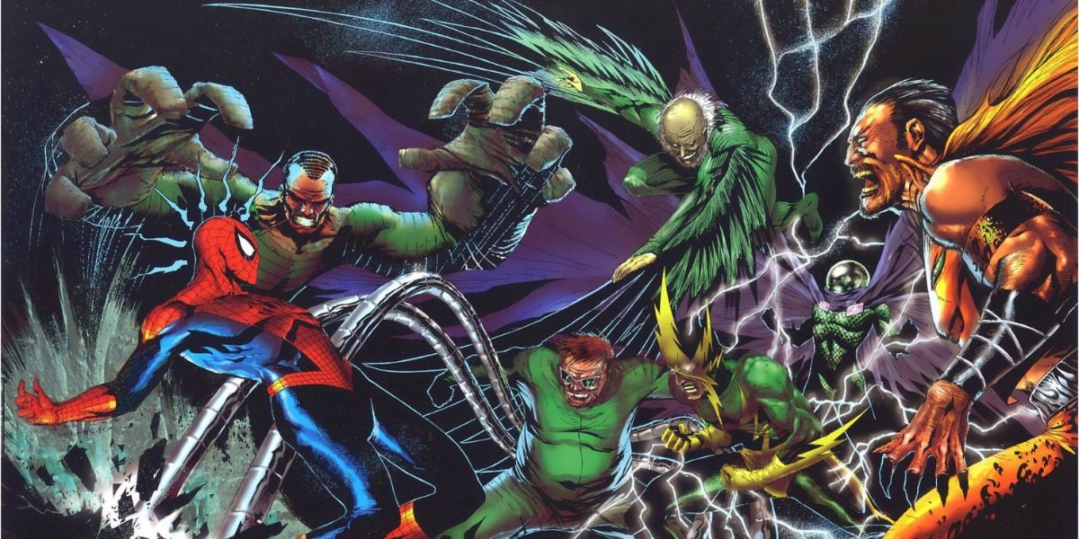 Spider-Man battles Doc Ock, Electro, Sandman, Kraven, Mysterio, and The Vulture.