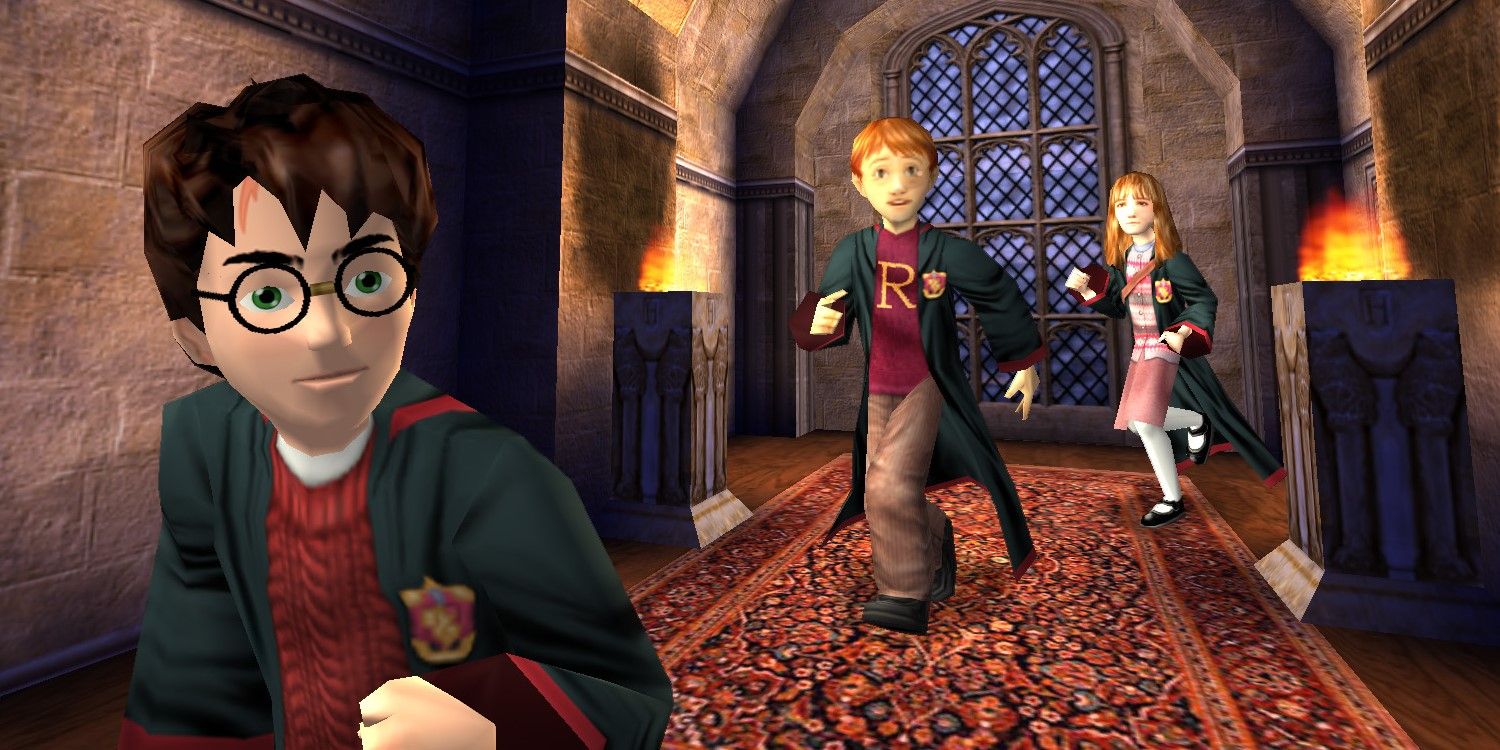 Harry, Ron and Hermione running down the corridor in Hogwarts in The Sorcerer’s Stone (PC Version)