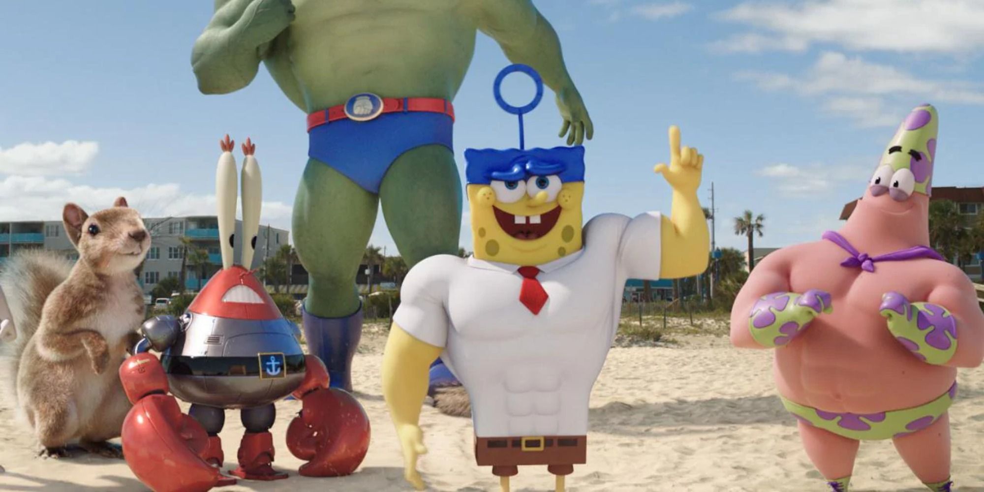 CGI versions of main characters walking on a beach in The SpongeBob Movie: Sponge Out Of Water