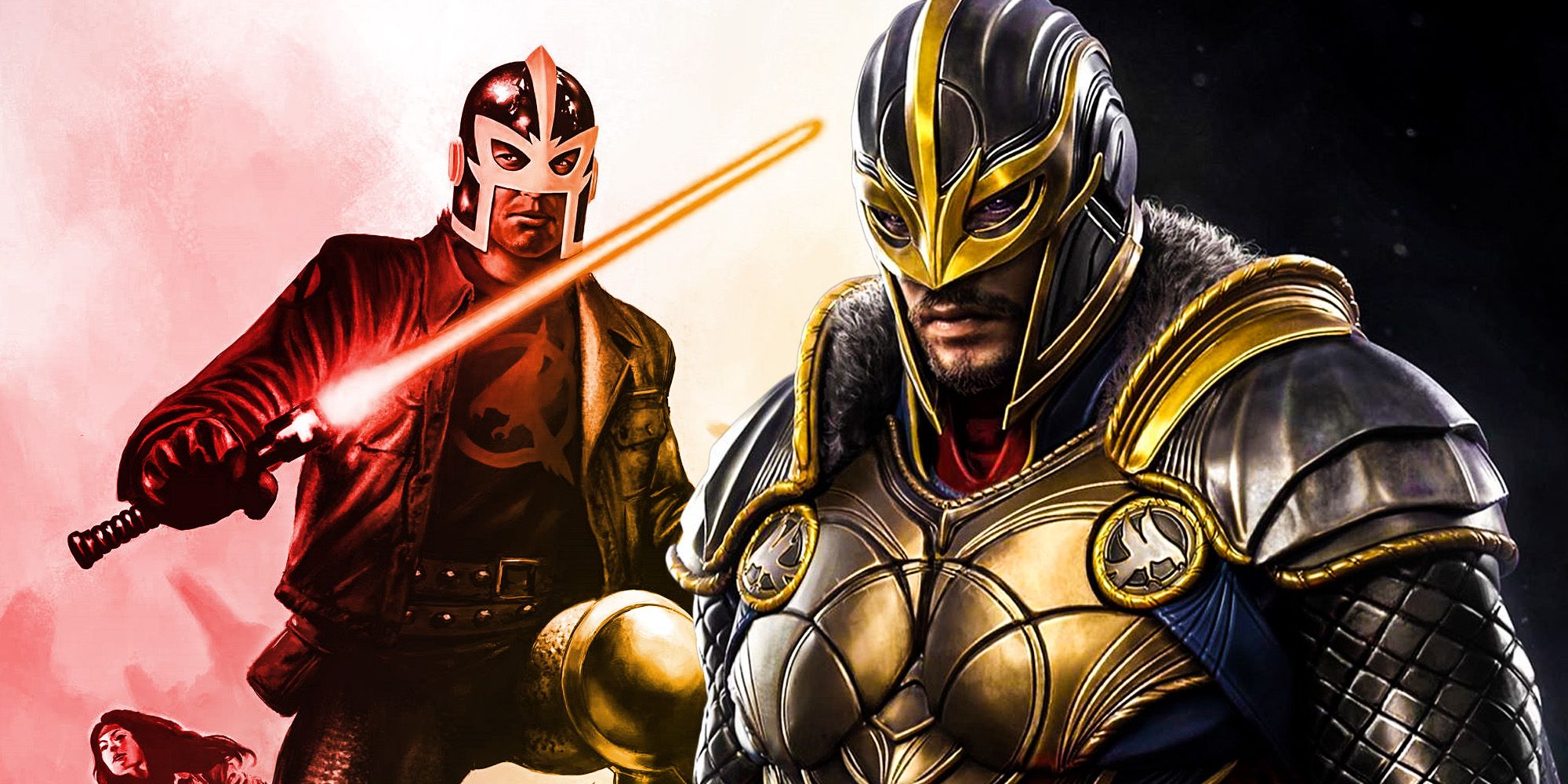 A blended image features two versions of Dane Whitman's Black Knight in Marvel comics