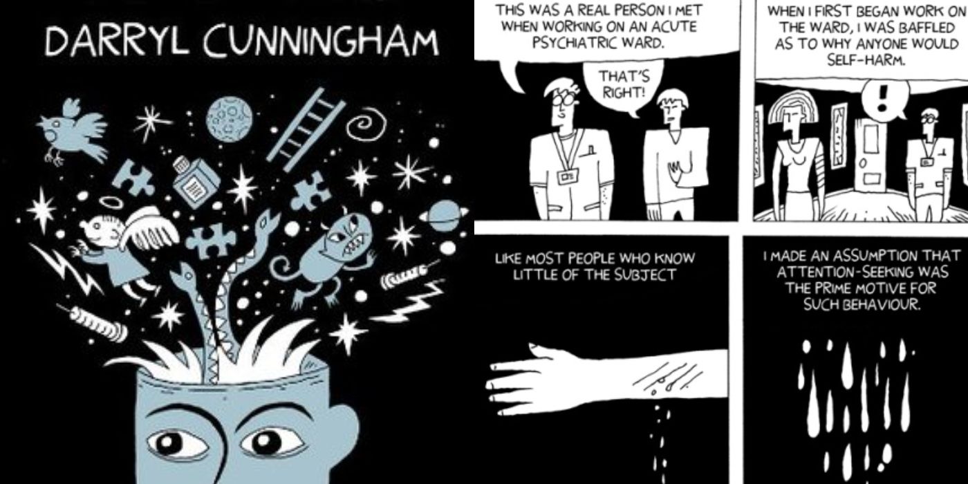 The cover art for Darryl Cunningham&rsquo;s Psychiatric Tales along with a panel from the comic