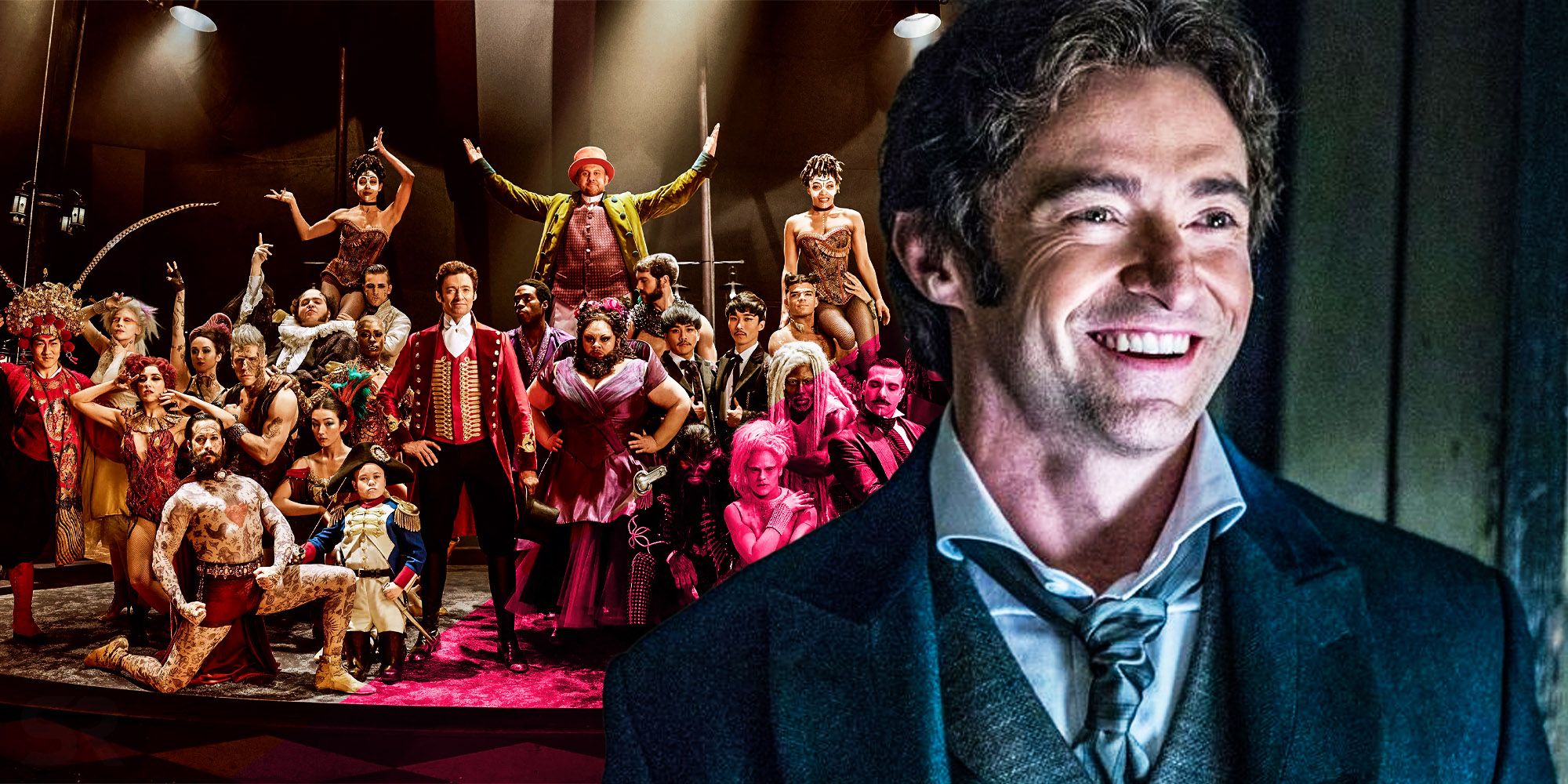 A blended image features Hugh Jackman as PT Barnum in front of the members of his circus in The Greatest Showman