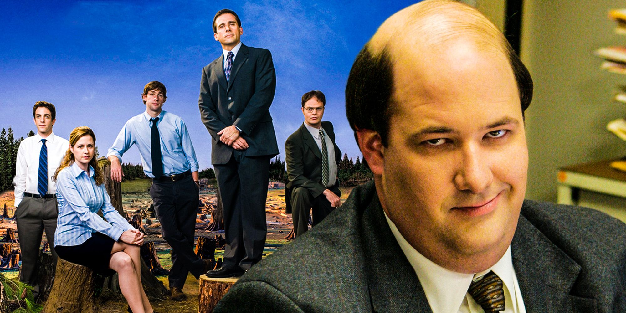 An image of Kevin looking smugly in a composite with a cast photo from The Office