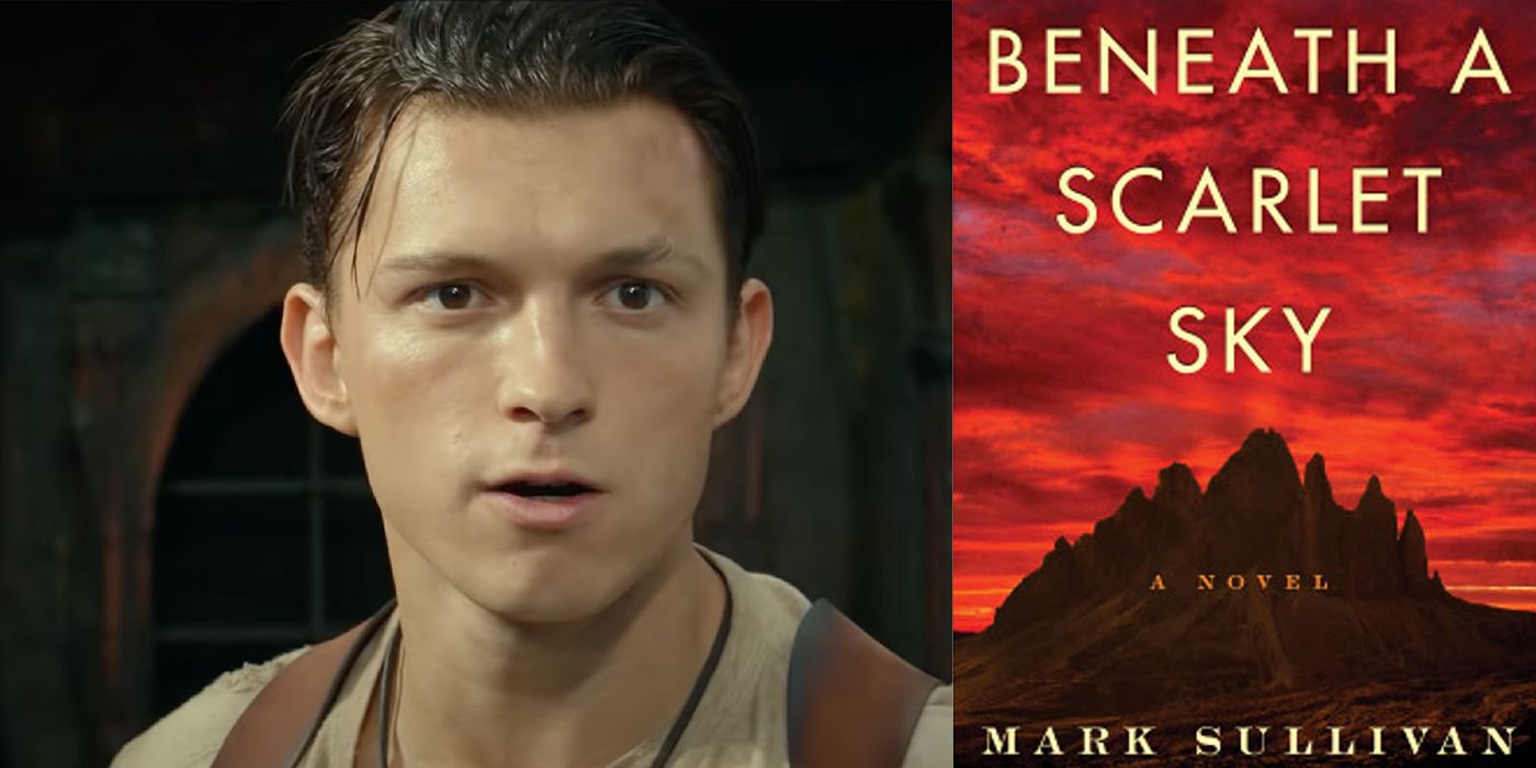 Split image of Tom Holland and the cover of the Beneath a Scarlet Sky book