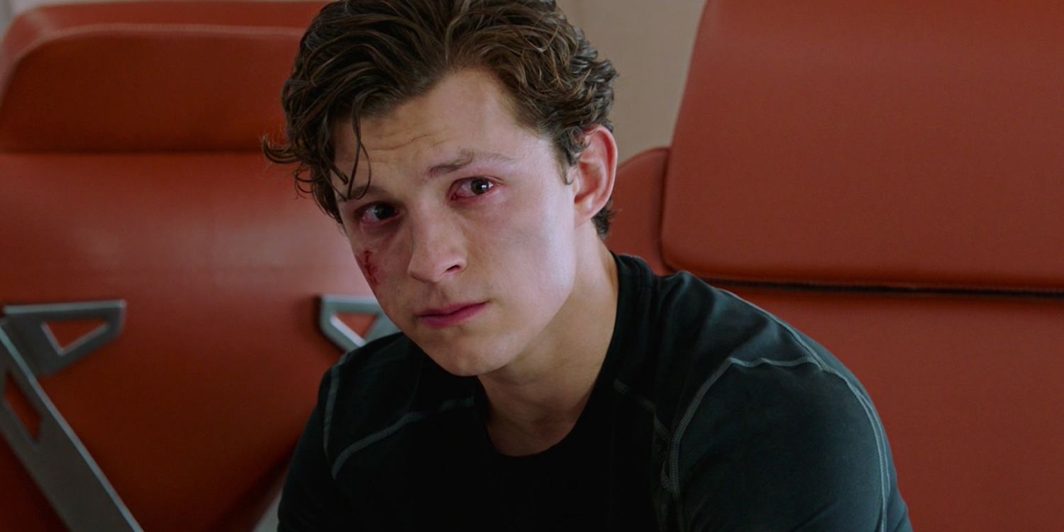 An image of Peter Parker crying in Spider Man: Far From Home