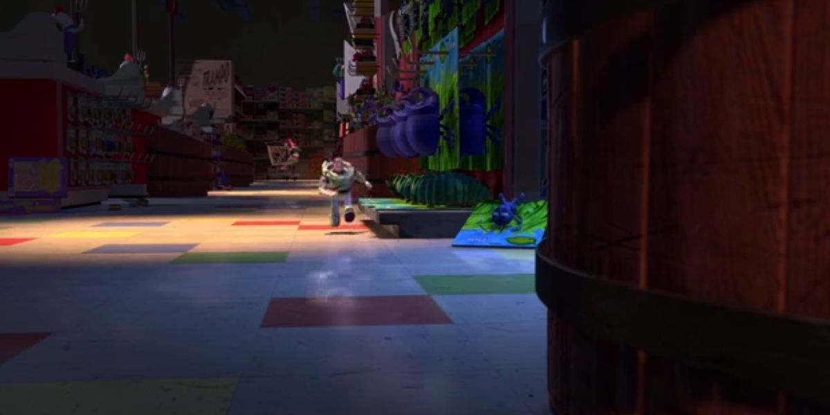 A Bug's Life Characters in Toy Story 2 as Buzz walks through Al's Toy Barn 