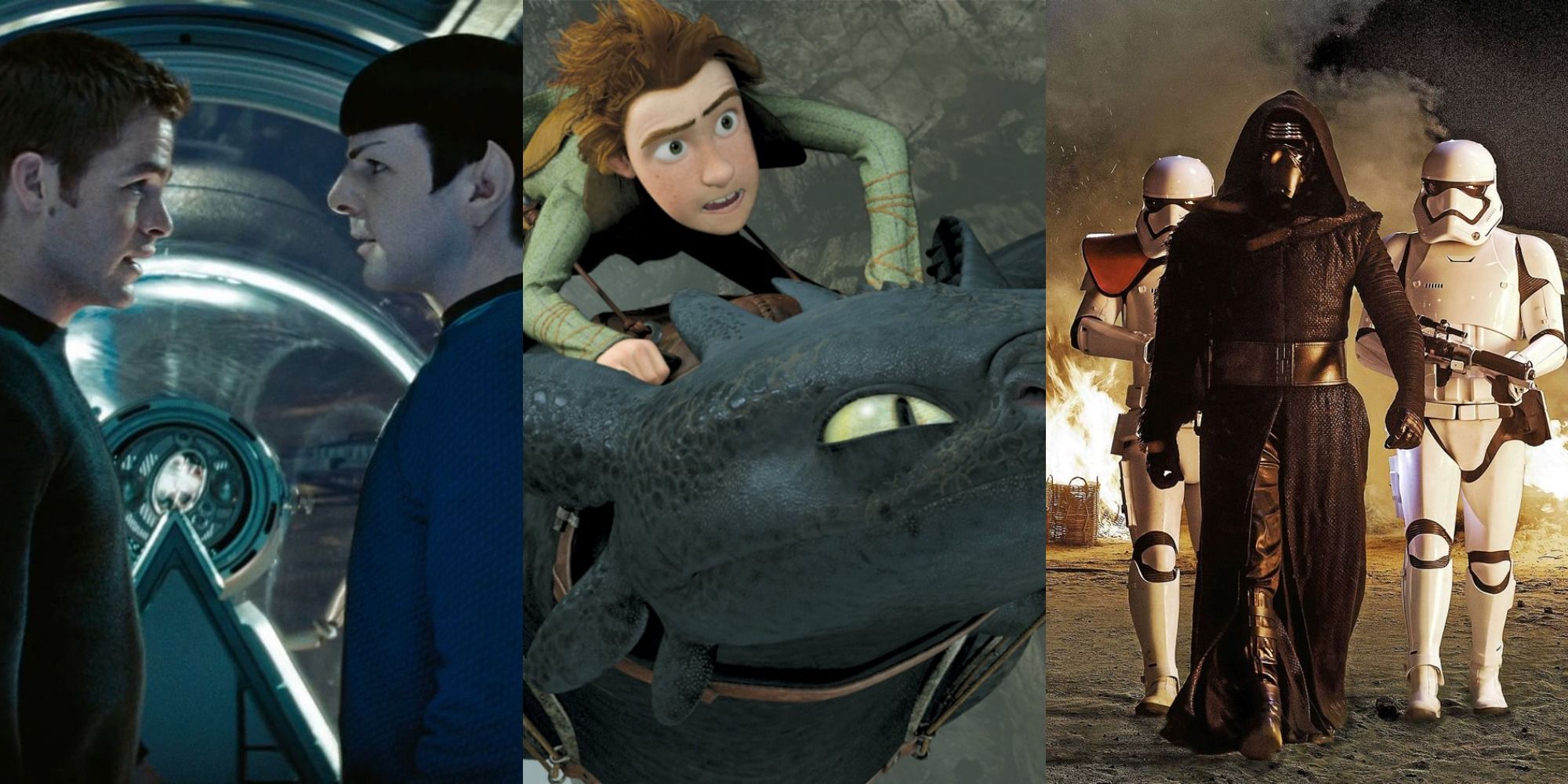 Spock and Kirk face to face/Hiccup rides Toothless/Kylo Ren walks with Stormtroopers