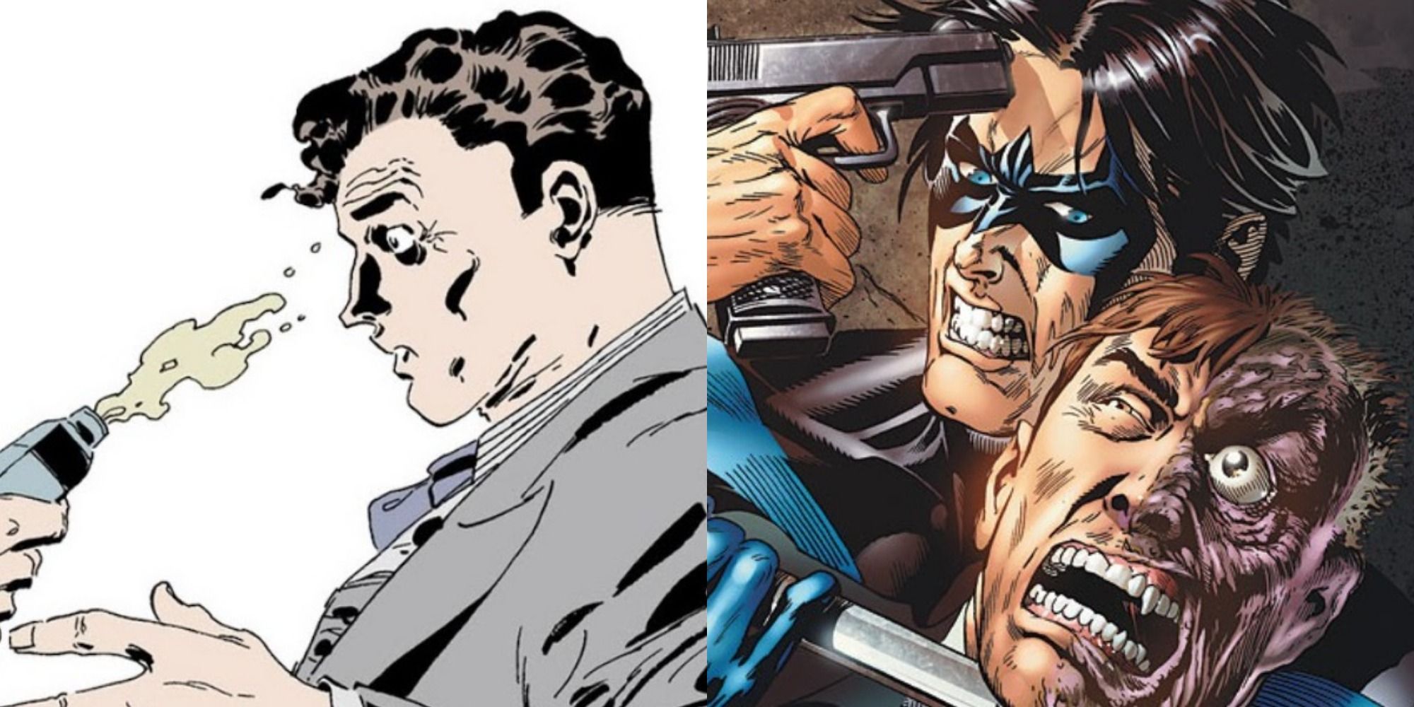 Harvey Dent gets acid thrown at his face/He holds a gun to Nightwing's head