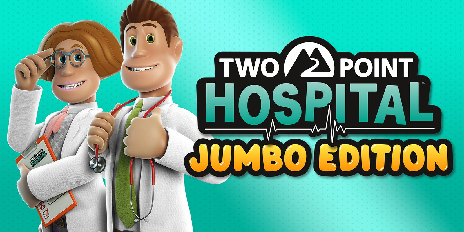 Two doctors featured on art for Two Point Hospital Jumbo Edition.