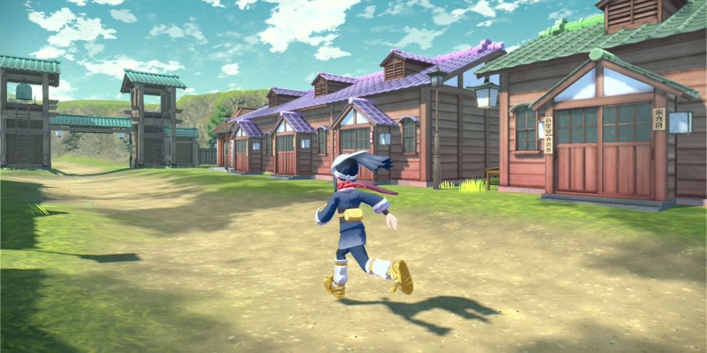 Akari running through Jubilife Village in Pokémon Legends: Arceus.