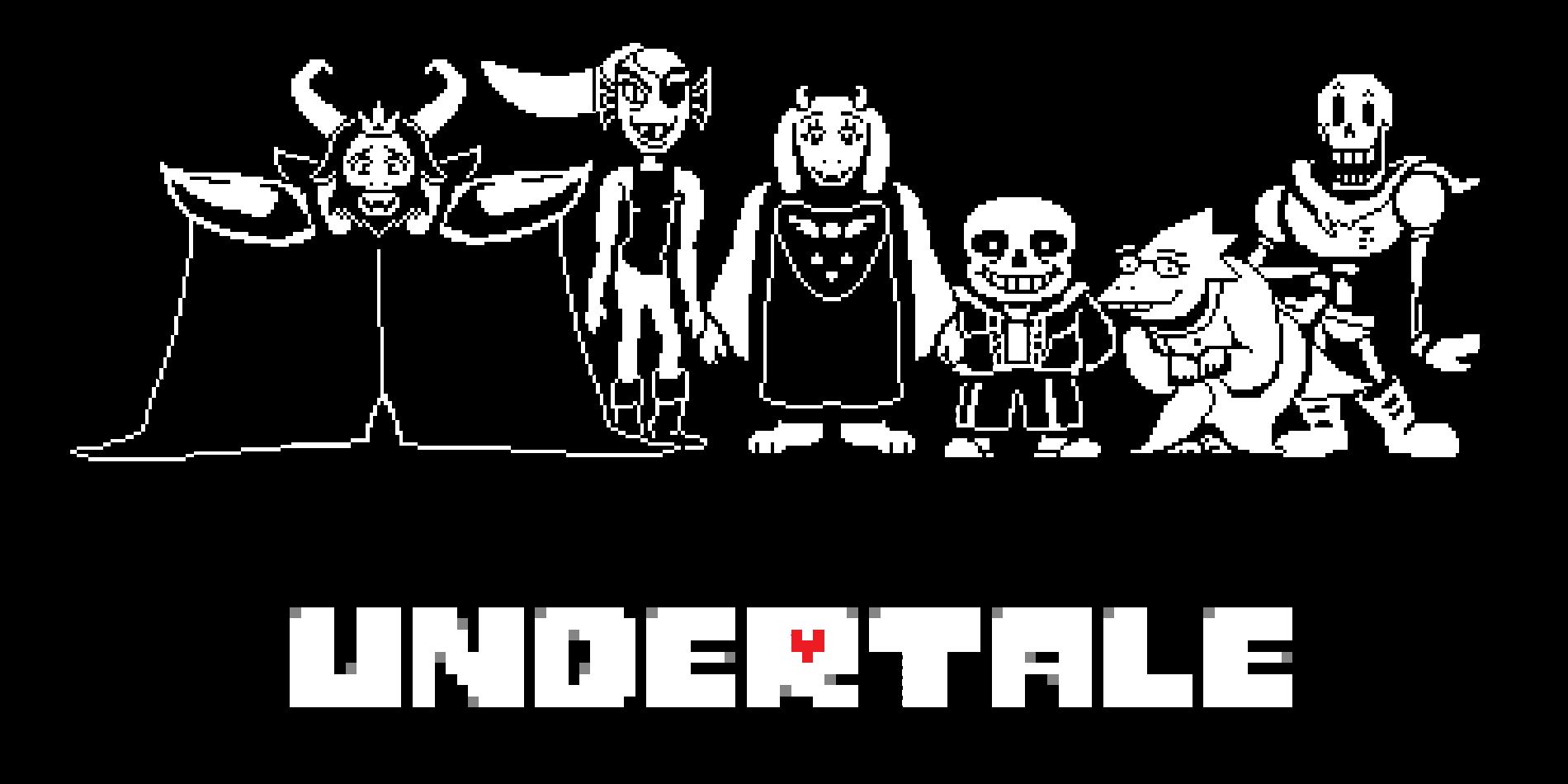The monster cast of Undertale including two goats, a fish, a lizard, and two skeletons, stands above the logo.