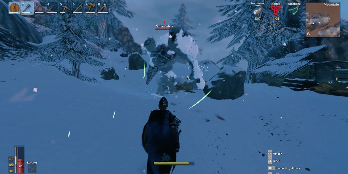 A player fights a Stone Golem in Valheim