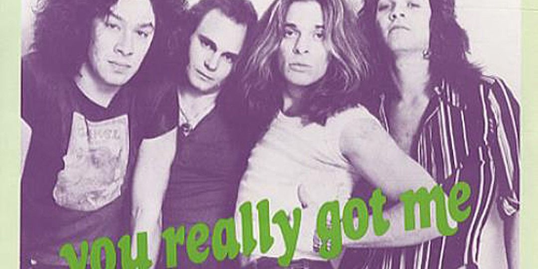 Van Halen cover of &quot;You Really Got Me Single&quot; with band in purple toned black and white image and green writing