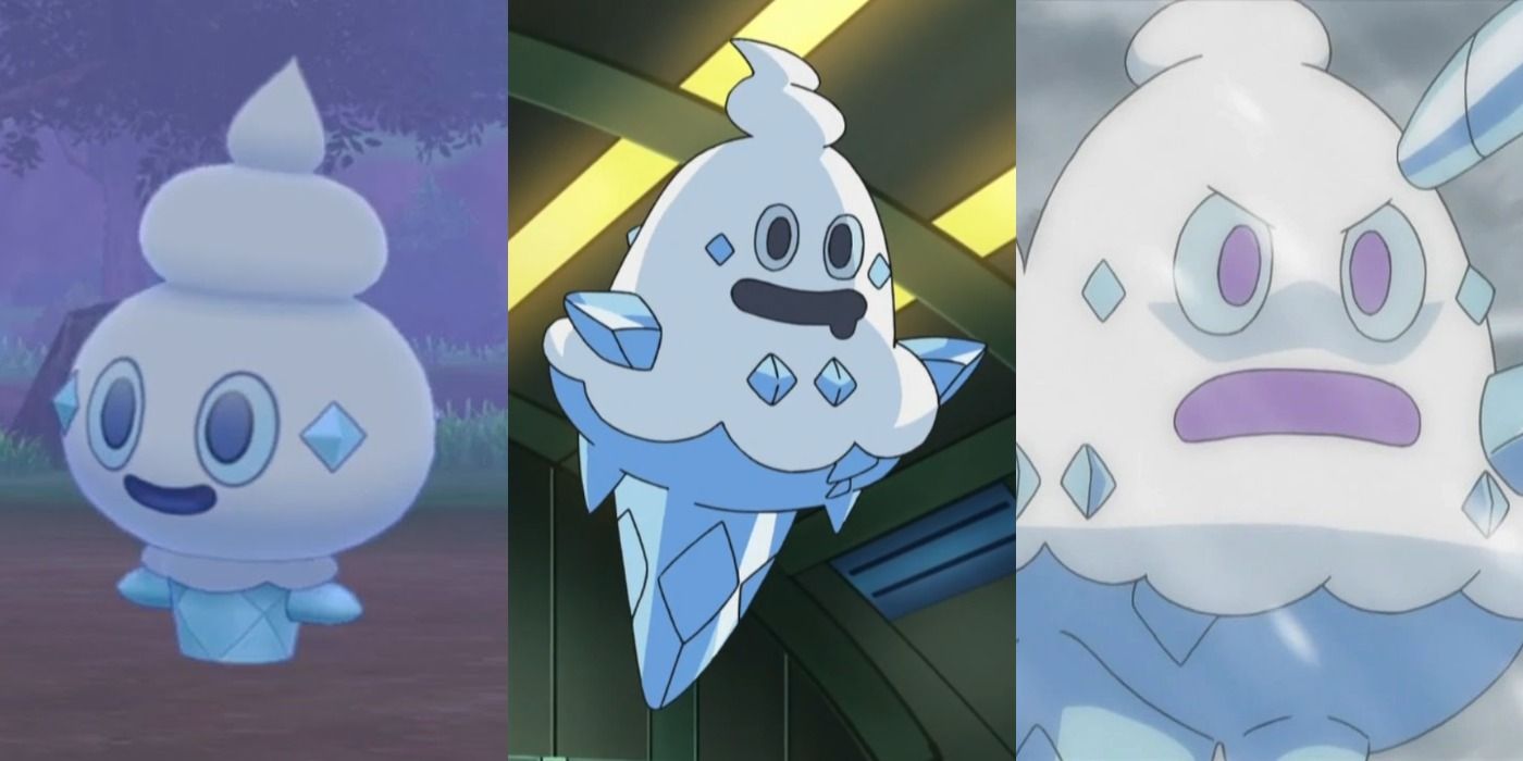 From the left to the right: Vanillite, Vanillish, and Vanilluxe.