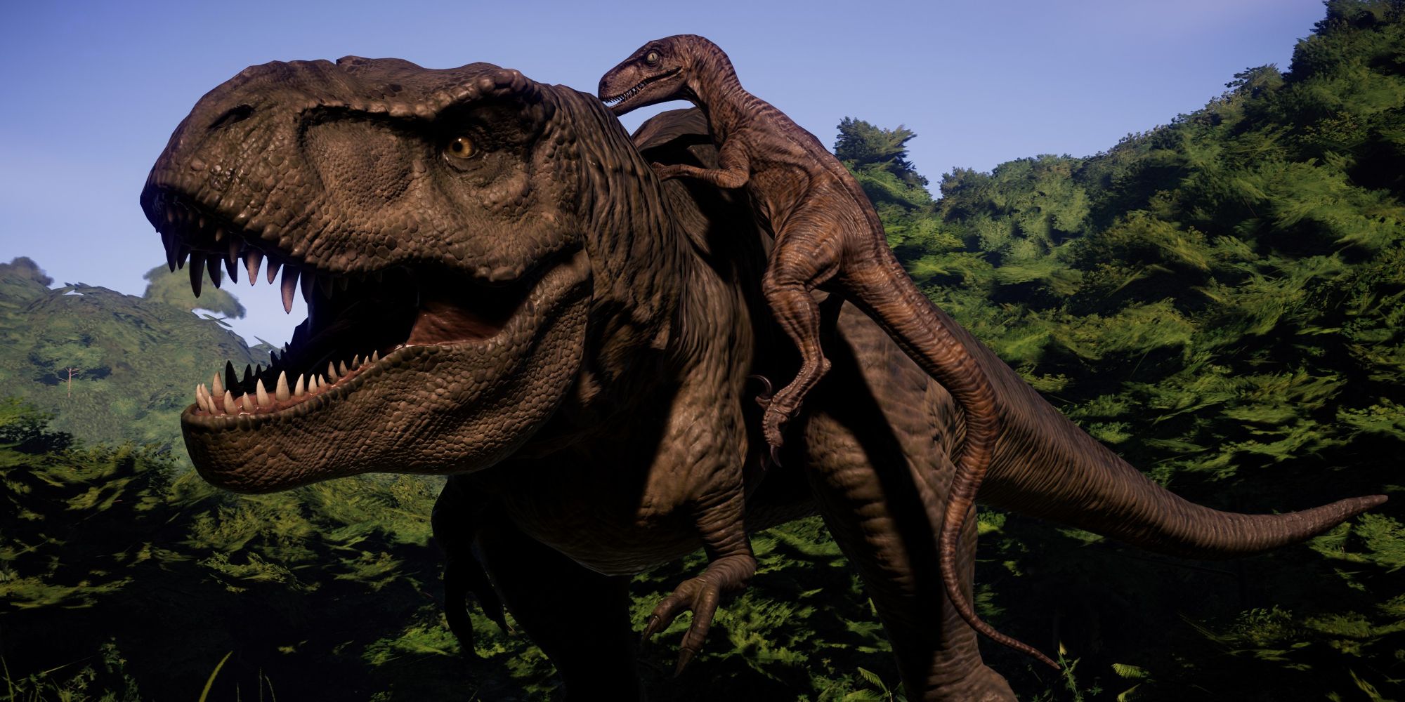 Velociraptor attacking a T-Rex in Jurassic World Evolution