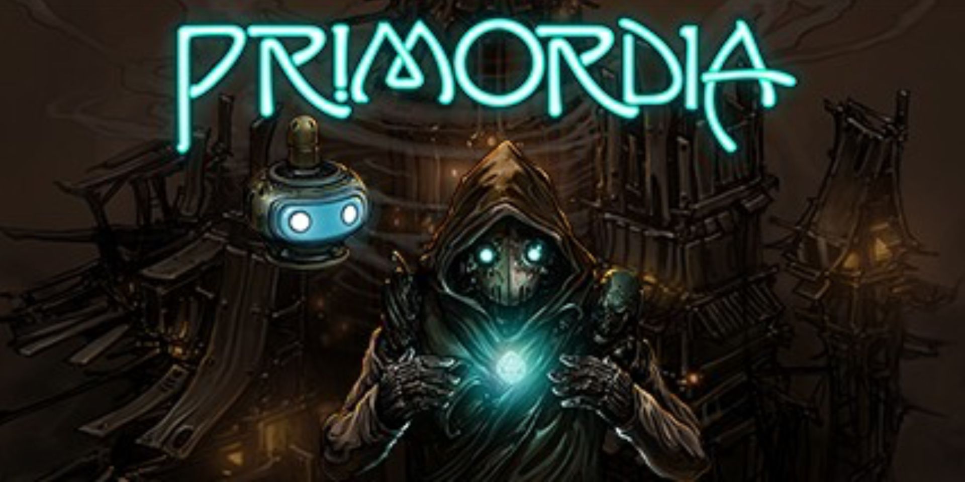 Two AI beings look at a glowing light from the game Primordia