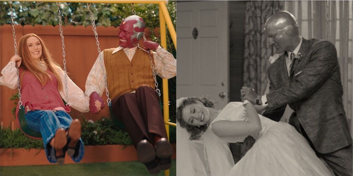 A split image of Wanda and Vision in WandaVision. One image is in color, showing the couple on the swing-set. The other is in black and white, like a 50s sitcom