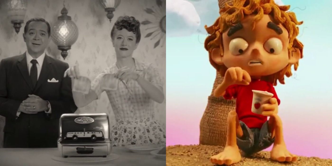 Two WandaVision commercial shots with the toaster from Episode 1 and the starving claymation kid