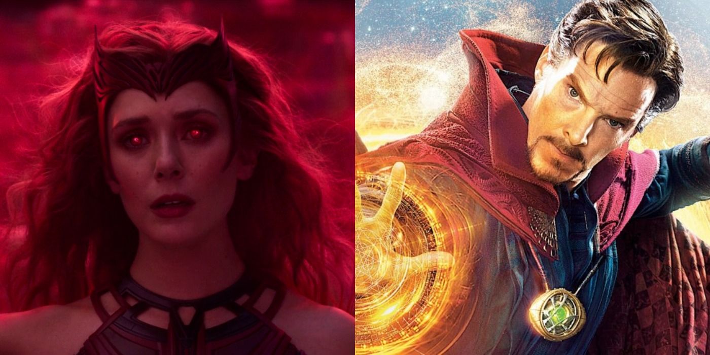 Left picture is Wanda in full Scarlet Witch garb with glowing eyes, right is Dr Stephen Strange preparing for battle