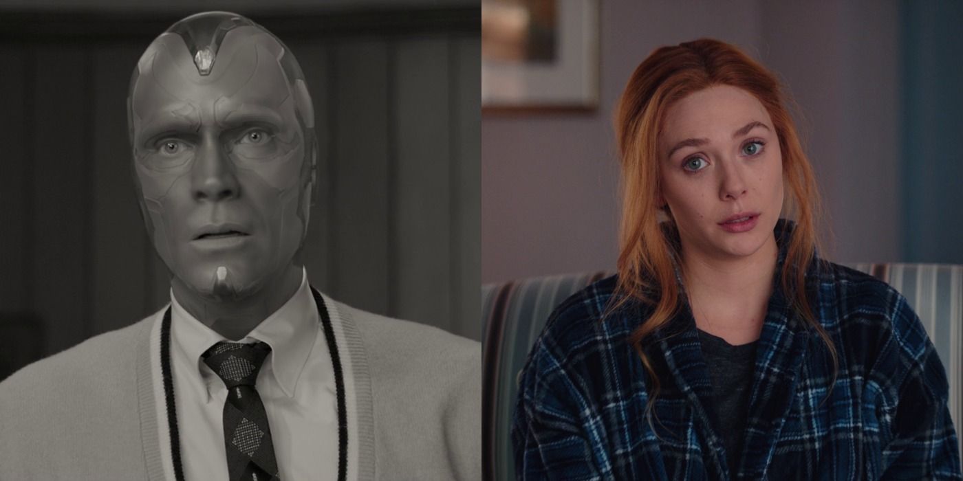 Left image is Vision in black and white from the '50s first episode, the second is Wanda in the Modern Family parody in episode 7
