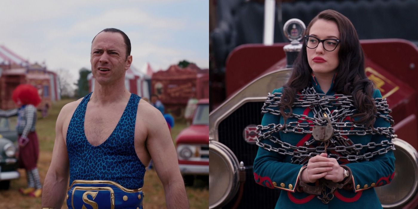 Two pictures from the circus in episode 7, the strong man and Darcy as the escape artist