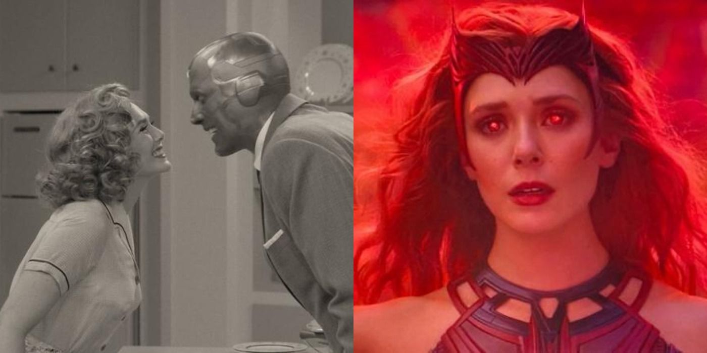 Wanda and Vision together in the kitchen in the first episode and Wanda as Scarlet Witch in the finale of WandaVision.