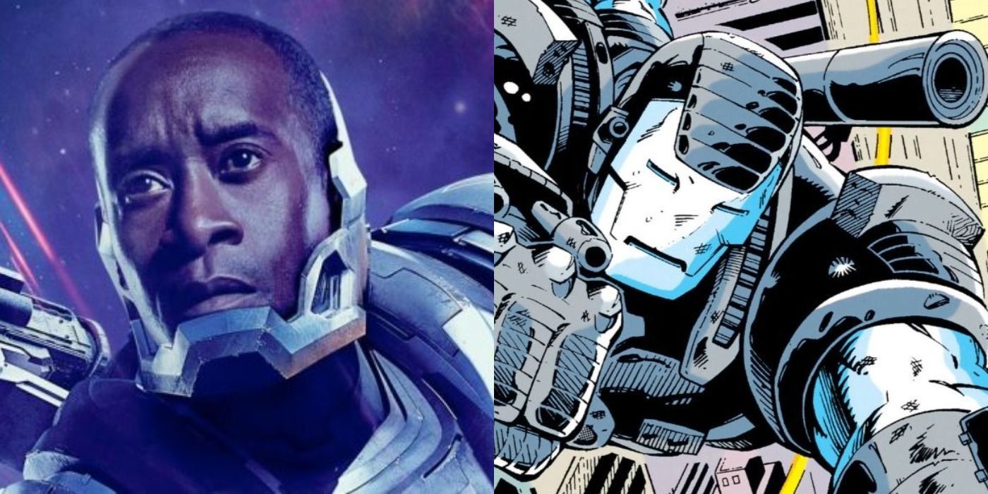 An image of War Machine in the comics and another of him in the MCU