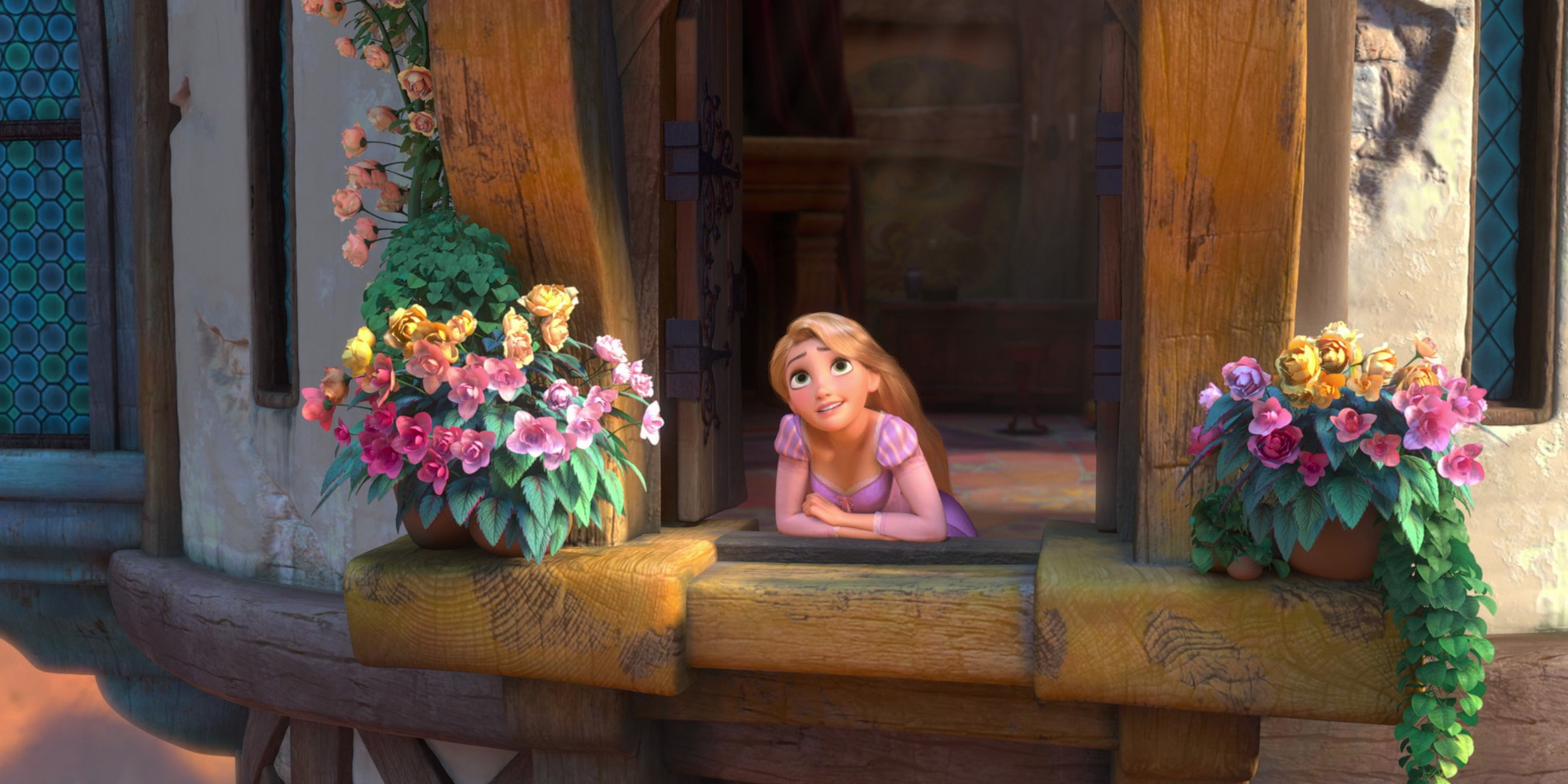 Rapunzel singing while at her tower in Tangled
