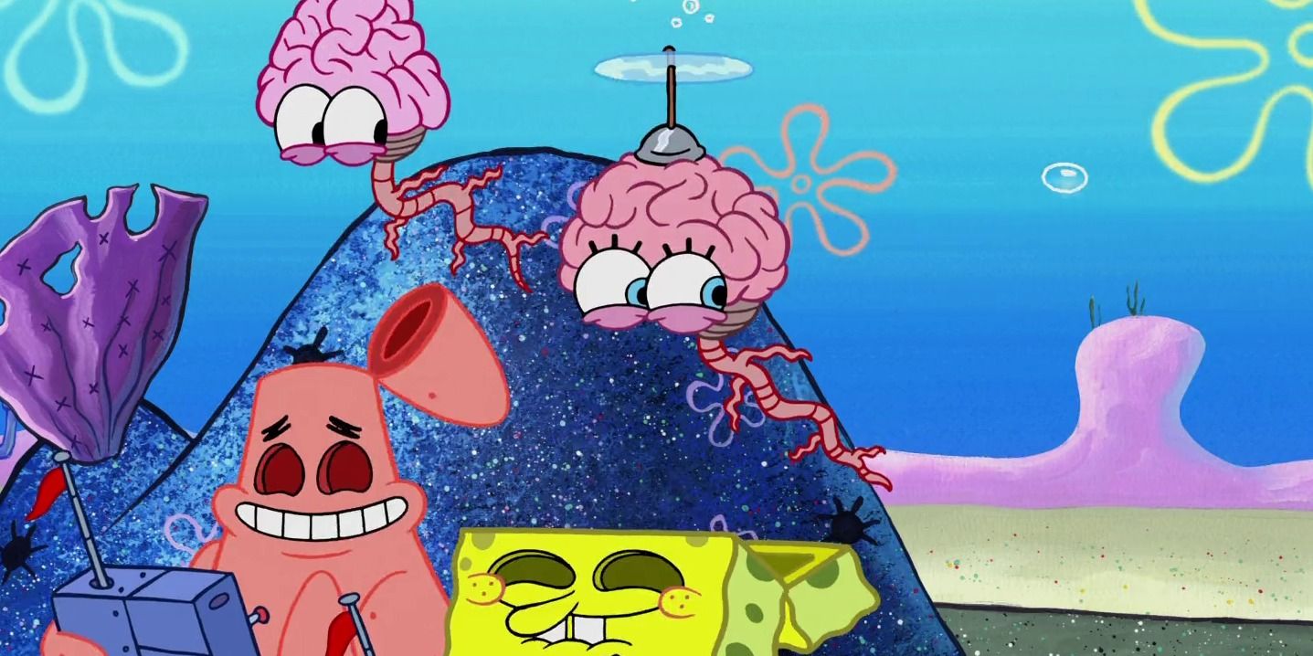 SpongeBob and Patrick play the whirly brains game, which has their heads helicoptering above them