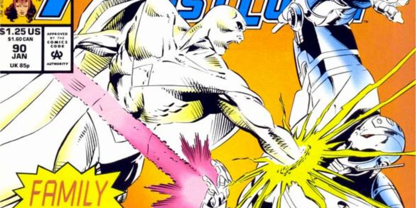 White Vision Fighting a white Ultron on a comic books cover. The background is orange, which allows them to stand out
