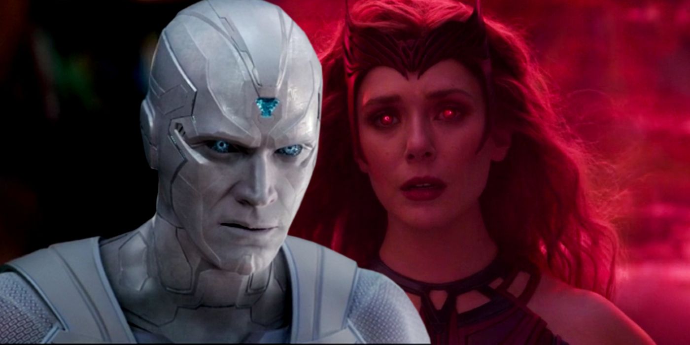 White Vision stares with glowing blue eyes;  Scarlet Witch discovers her full powers in WandaVision