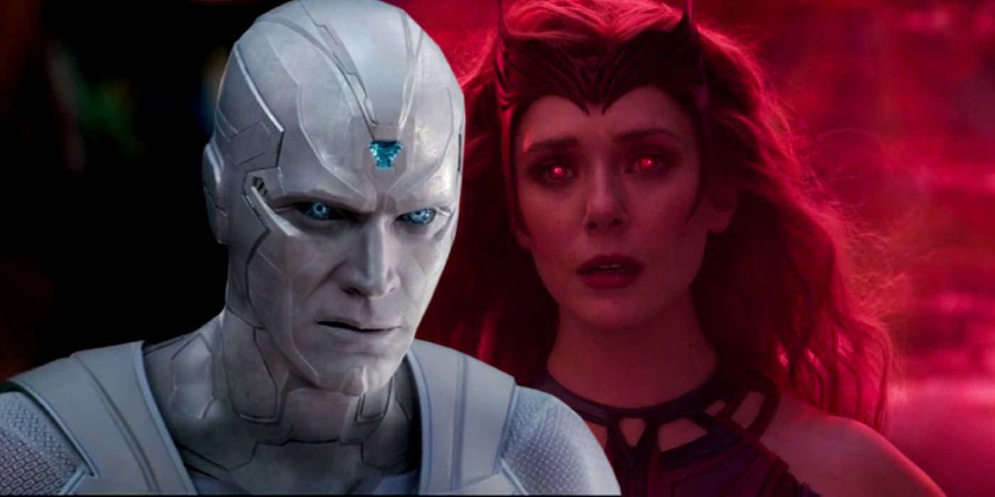 White Vision glares with glowing blue eyes; Scarlet Witch discovers her full powers in WandaVision