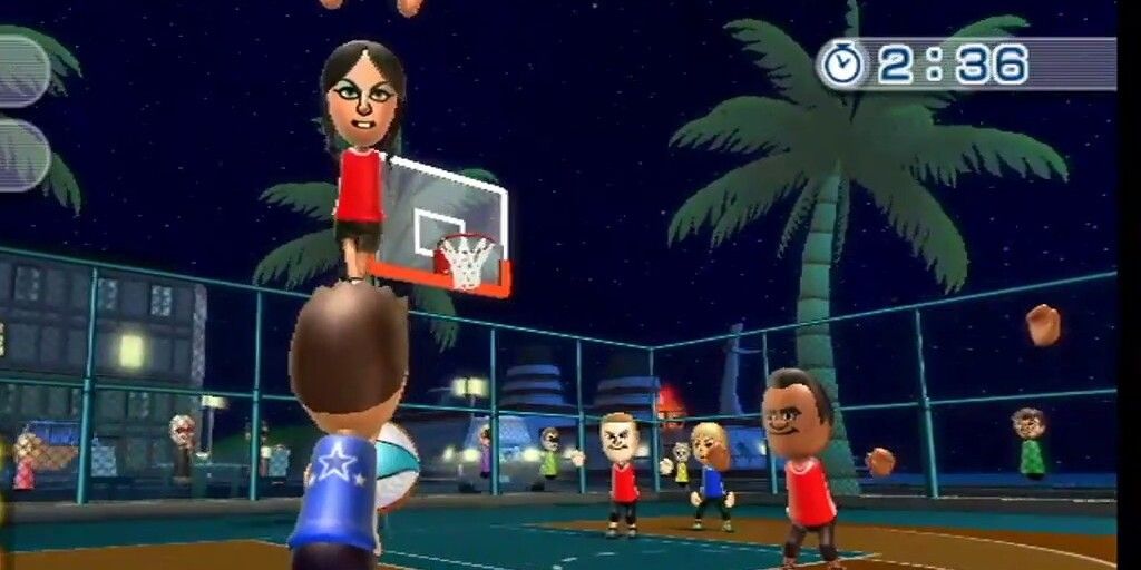 Miis play a pick-up basketball game in Wii Sports Resort