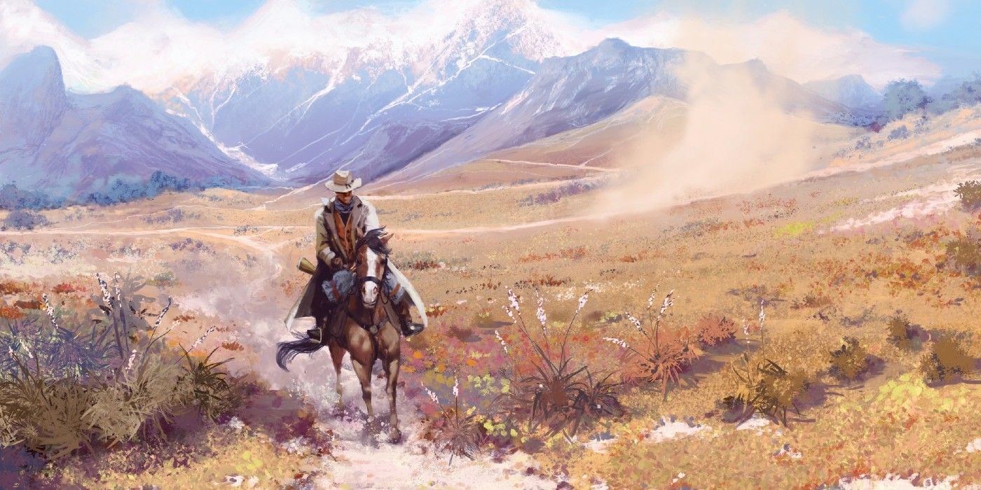 Wild West Dynasty concept art, with a lone rider in the old west