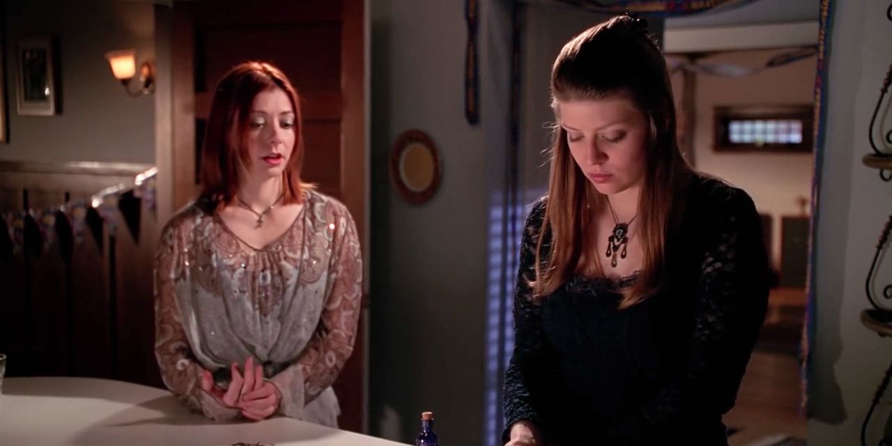 Willow and Tara in Buffy's kitchen at the end of Older and Far Away