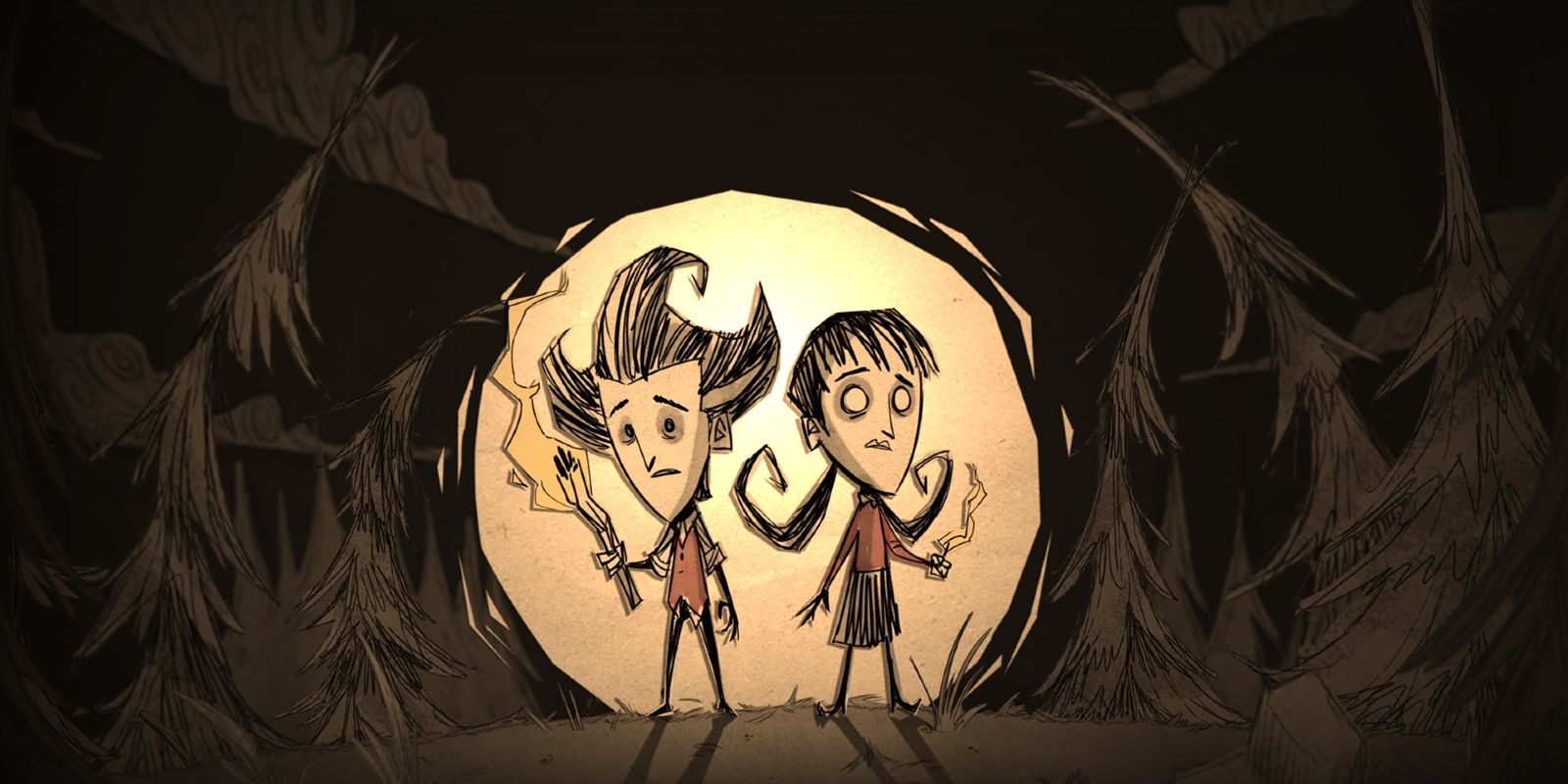 Wilson and Willow standing in the moonlight in Don't Starve Together
